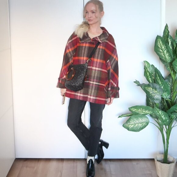 Talbots Multicolor Orange, Burgundy & Brown Wool Plaid Coat Size 16w - Picture 9 of 16